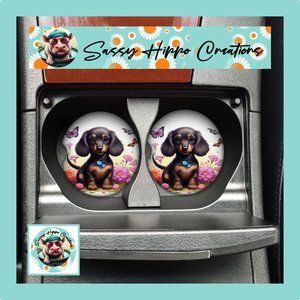 Car Coasters Cute Dachshund Puppy Dog Butterfly Flower Set of 2 Neoprene Absorb